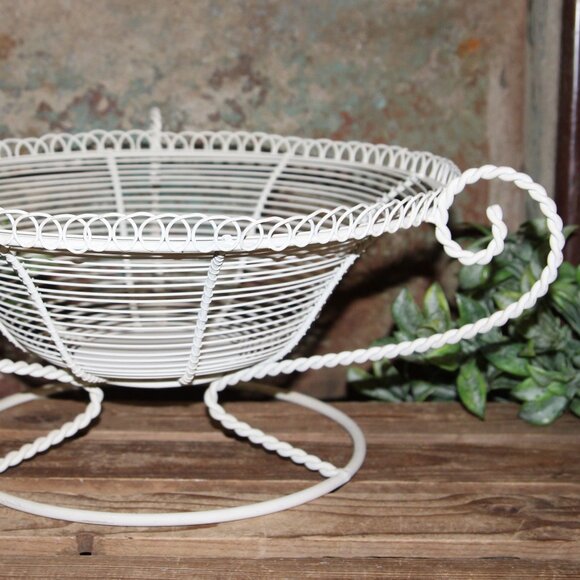 NEW Lrg White Shabby French Pedestal Centerpiece Dish Bowl Basket w/Handles - Picture 5 of 10